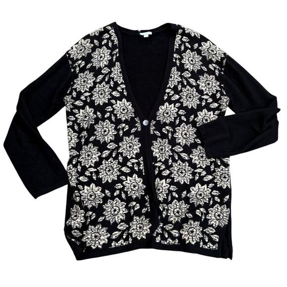 J. Jill Black Floral Cardigan Sweater Size M Cotton Blend - Picture 1 of 3